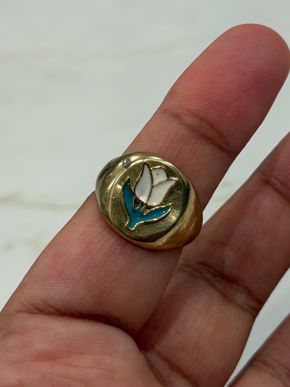 Vintage Style Gold Tone Tulip Flower Enamel Statement Ring